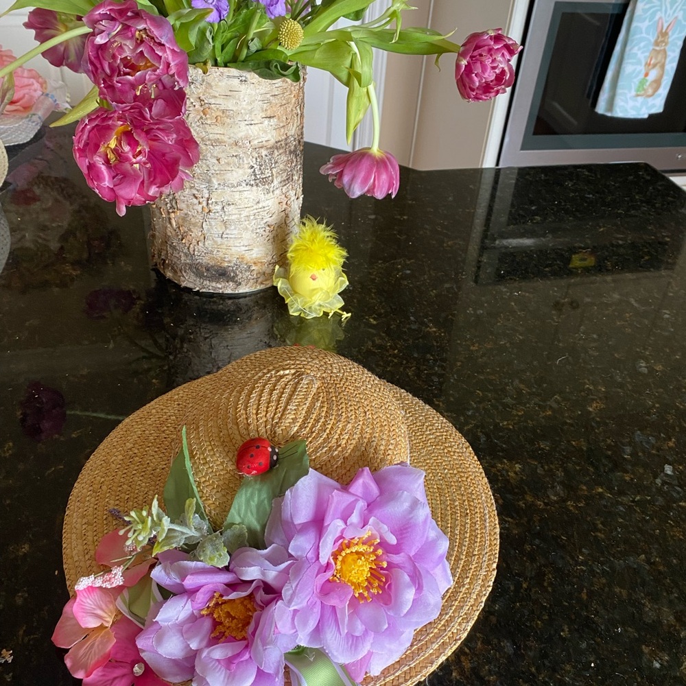 Floral Straw Hat Accent with Pink and Green Blooms Easter Spring